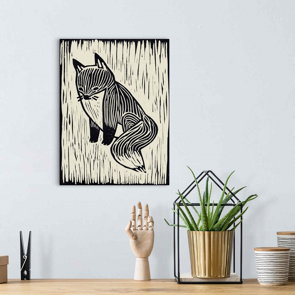 A bohemian room featuring Cute linocut print illustration of a fox.