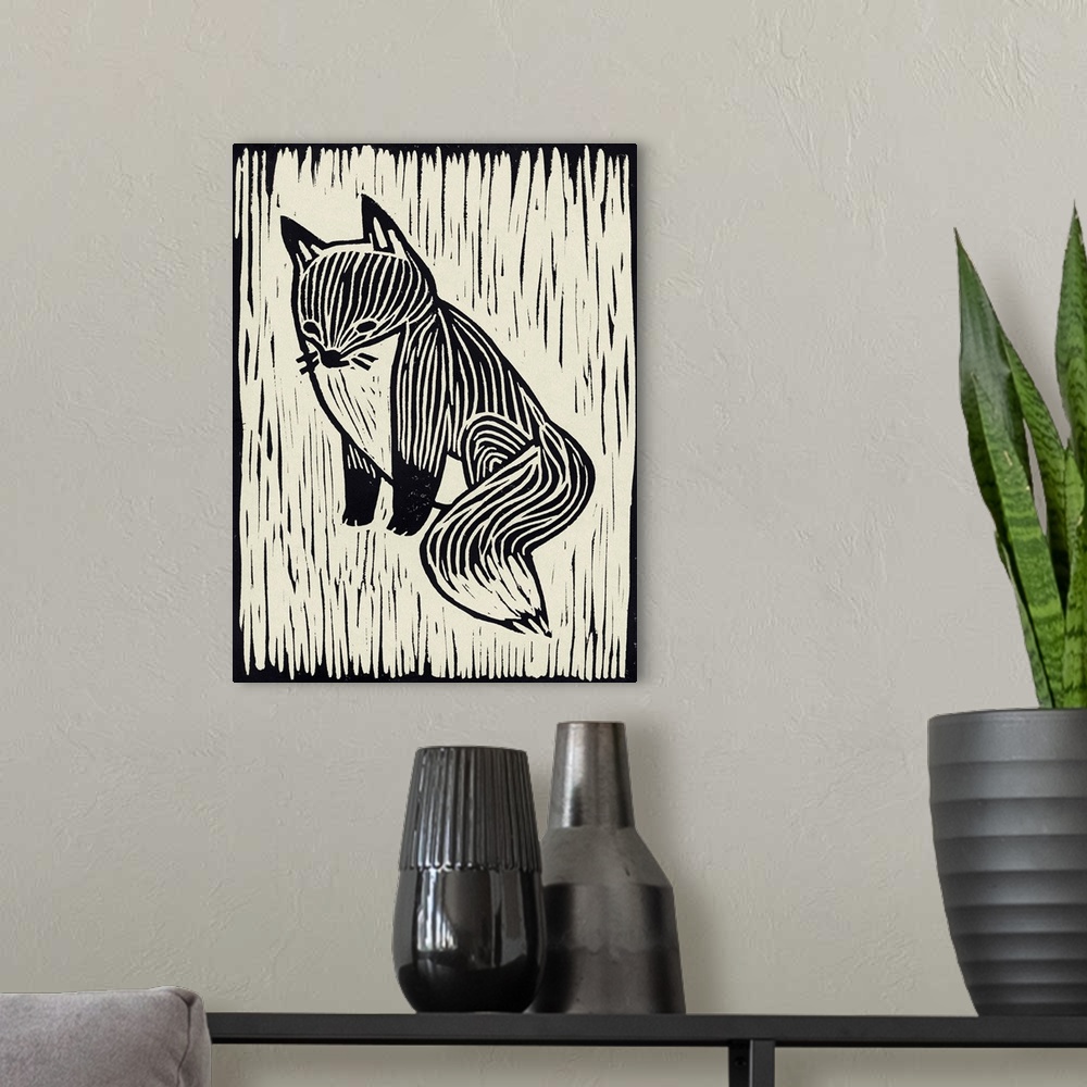 A modern room featuring Cute linocut print illustration of a fox.