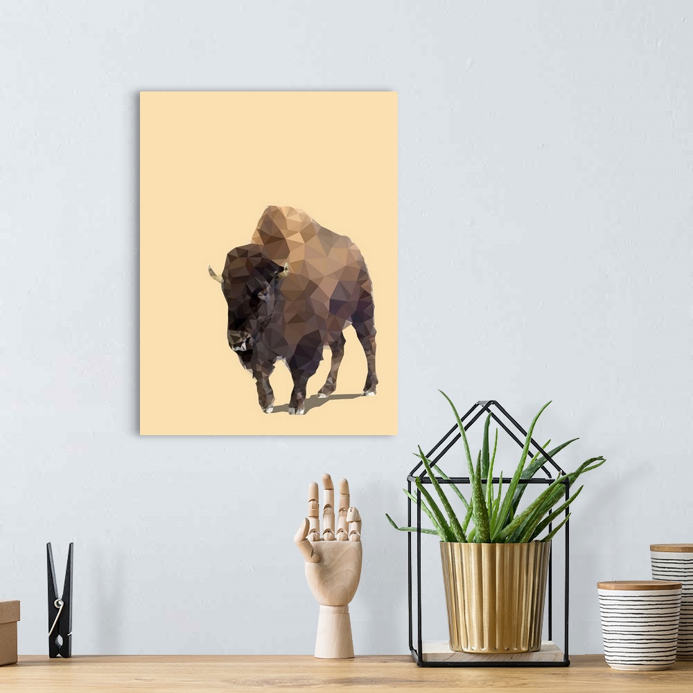 A bohemian room featuring Illustration of a bison created using geometric shapes on a pale orange background
