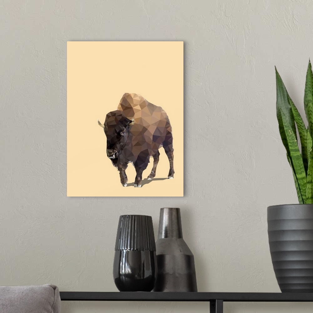 A modern room featuring Illustration of a bison created using geometric shapes on a pale orange background