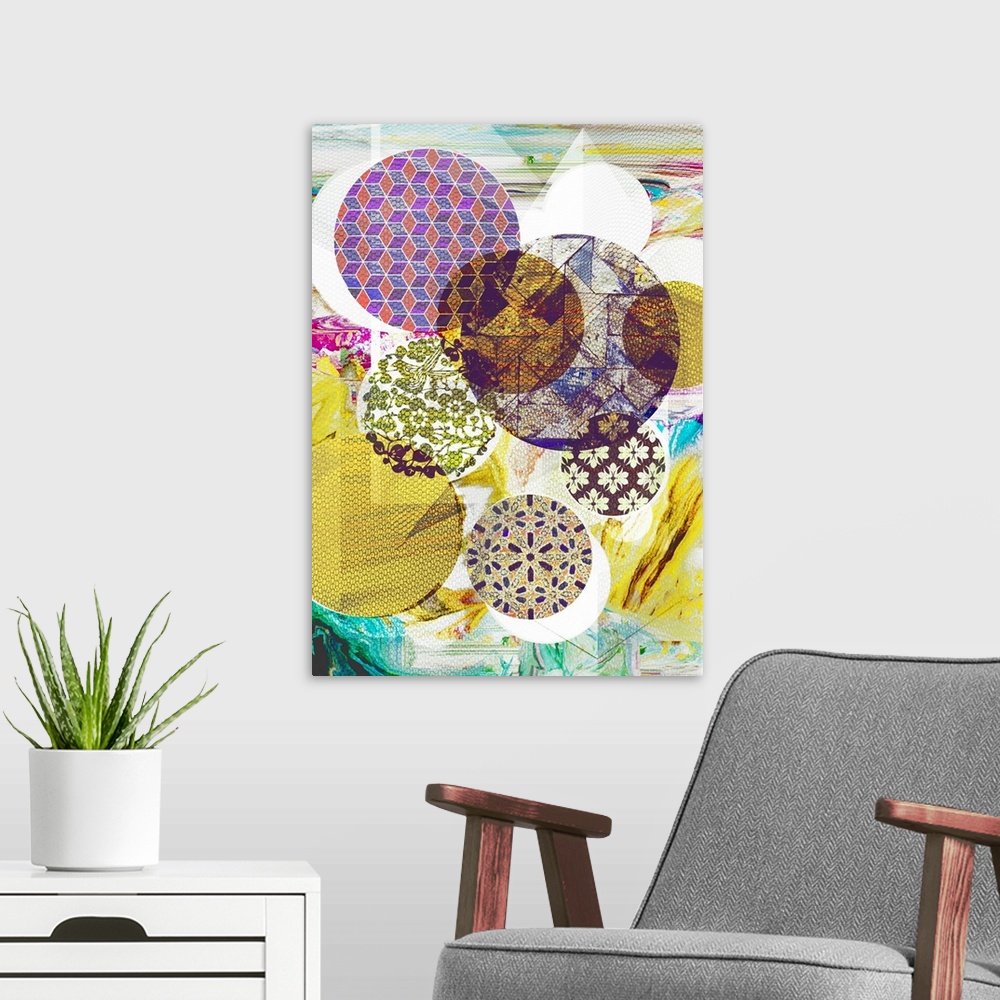 A modern room featuring Abstract graphic illustration using geometric shapes and patterns.