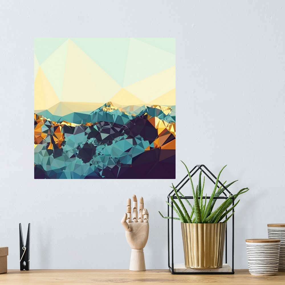 A bohemian room featuring Mountain range in golden sunlight made of triangular shapes.