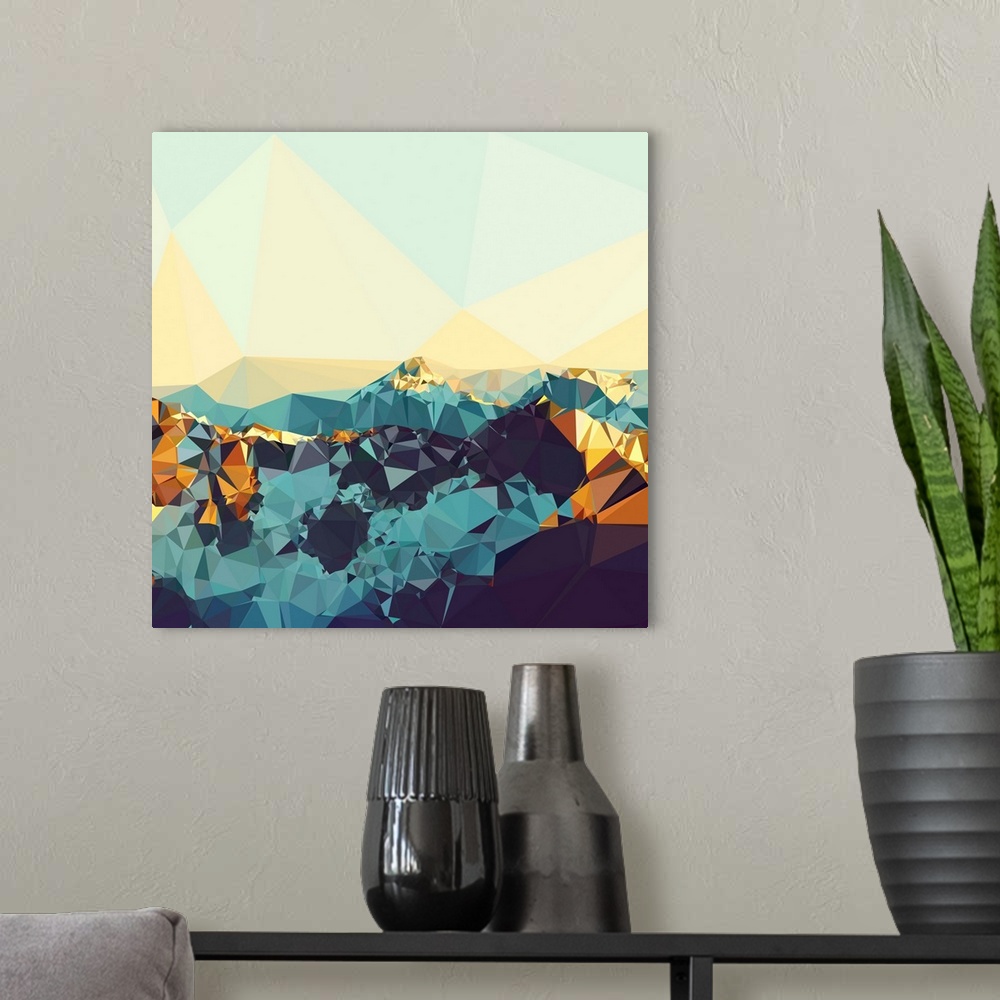 A modern room featuring Mountain range in golden sunlight made of triangular shapes.