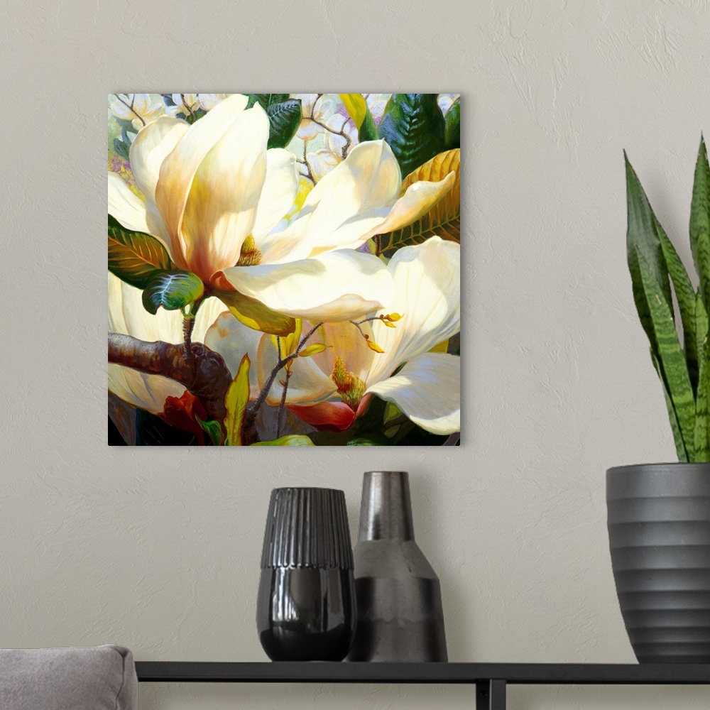 A modern room featuring A square shaped painting that is a realistic rendering of magnolia blossoms and leaves in the bri...