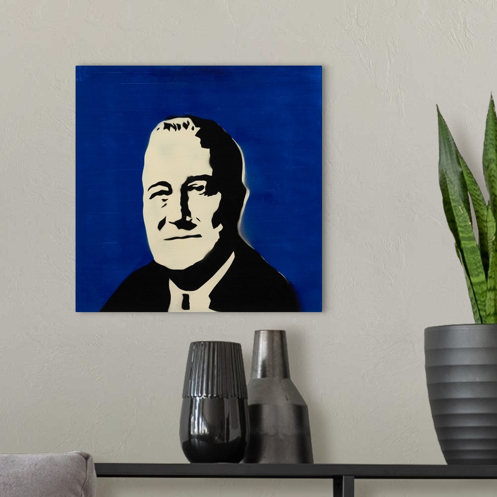 A modern room featuring Square spray art of Franklin Roosevelt on a bright blue background.
