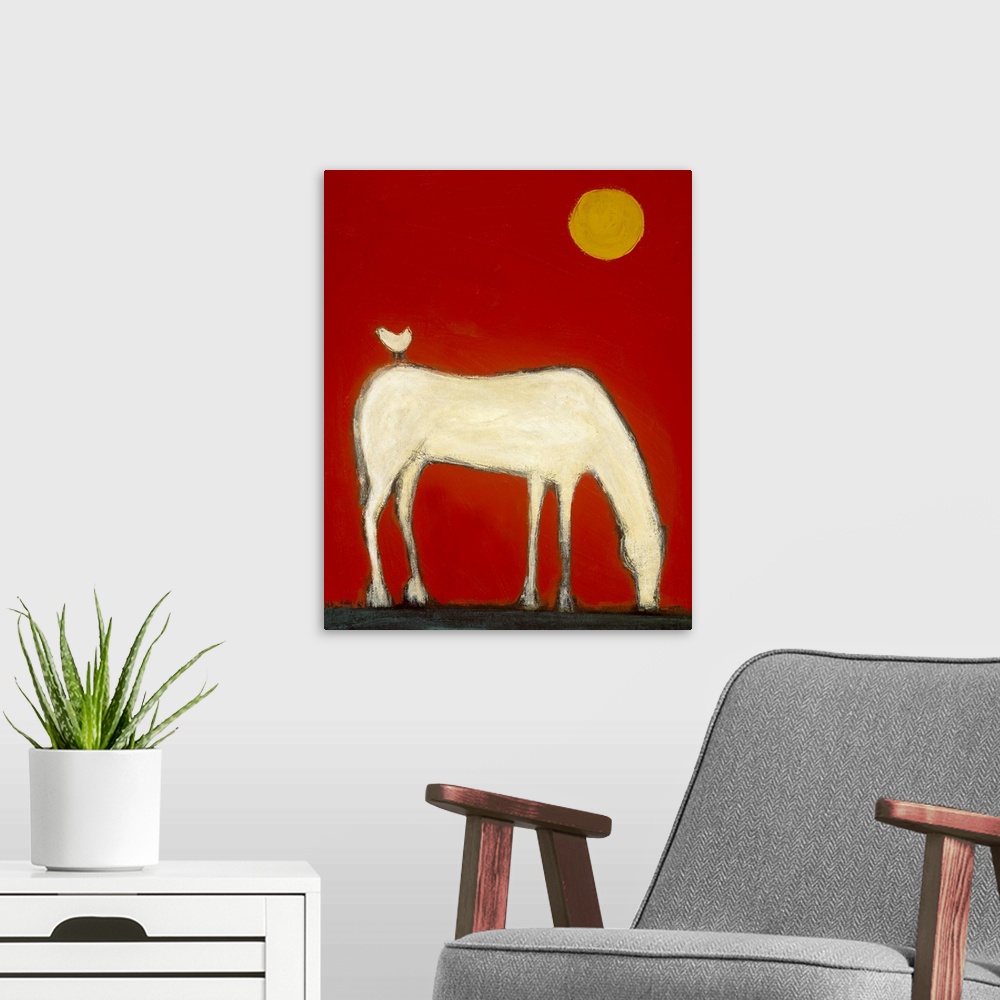 A modern room featuring A large vertical contemporary painting of a white horse leaning over to eat with a small white bi...