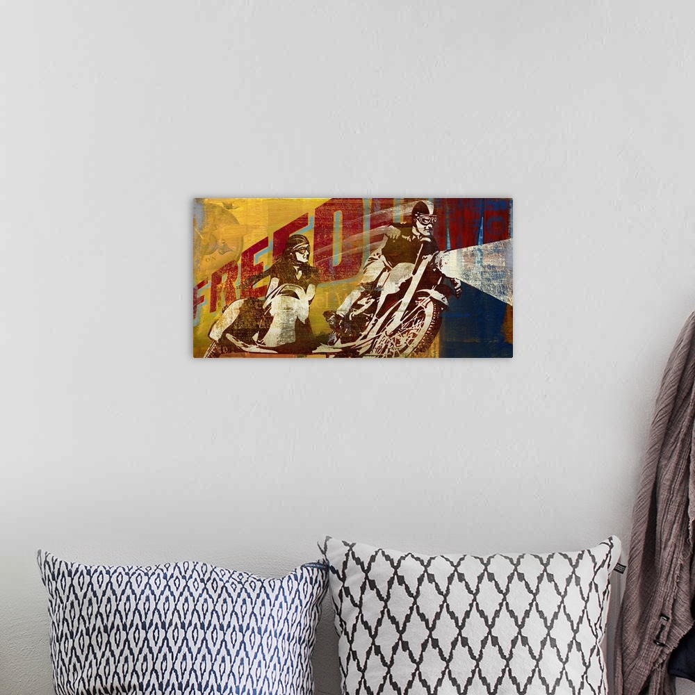 A bohemian room featuring Retro artwork of a motorcyclist taking a turn with the word "Freedom" printed behind him.