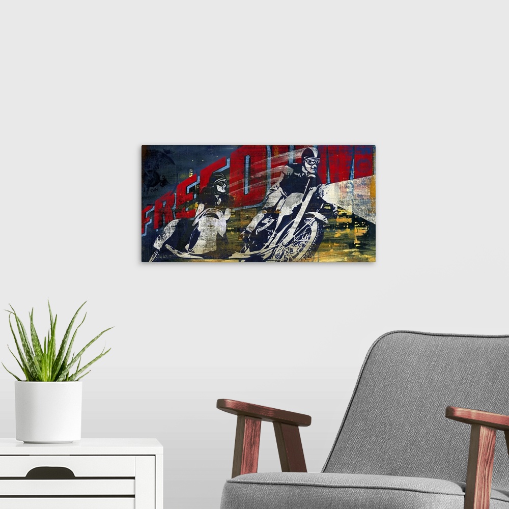 A modern room featuring Panoramic of two riders on vintage motorcycles at night with the text "Freedom" behind them.