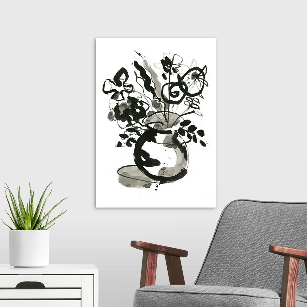 A modern room featuring Black and white watercolor painting of arranged flowers on a table.