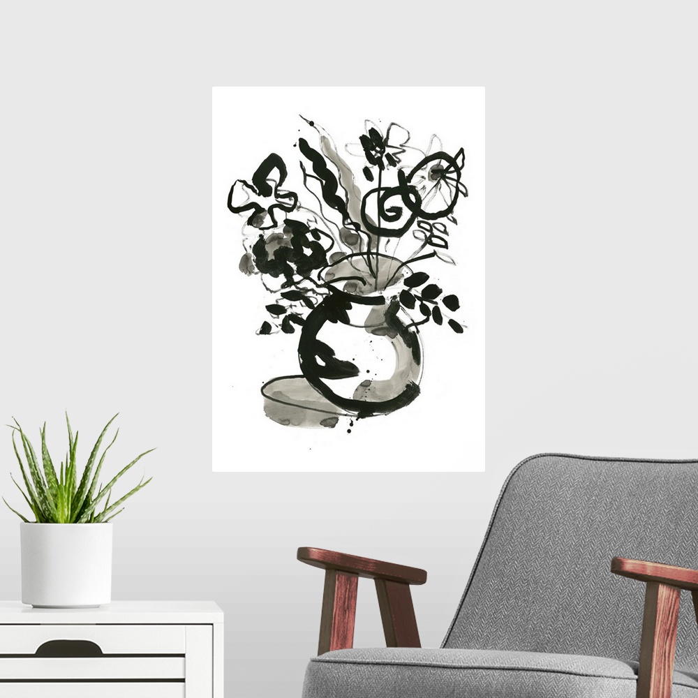 A modern room featuring Black and white watercolor painting of arranged flowers on a table.