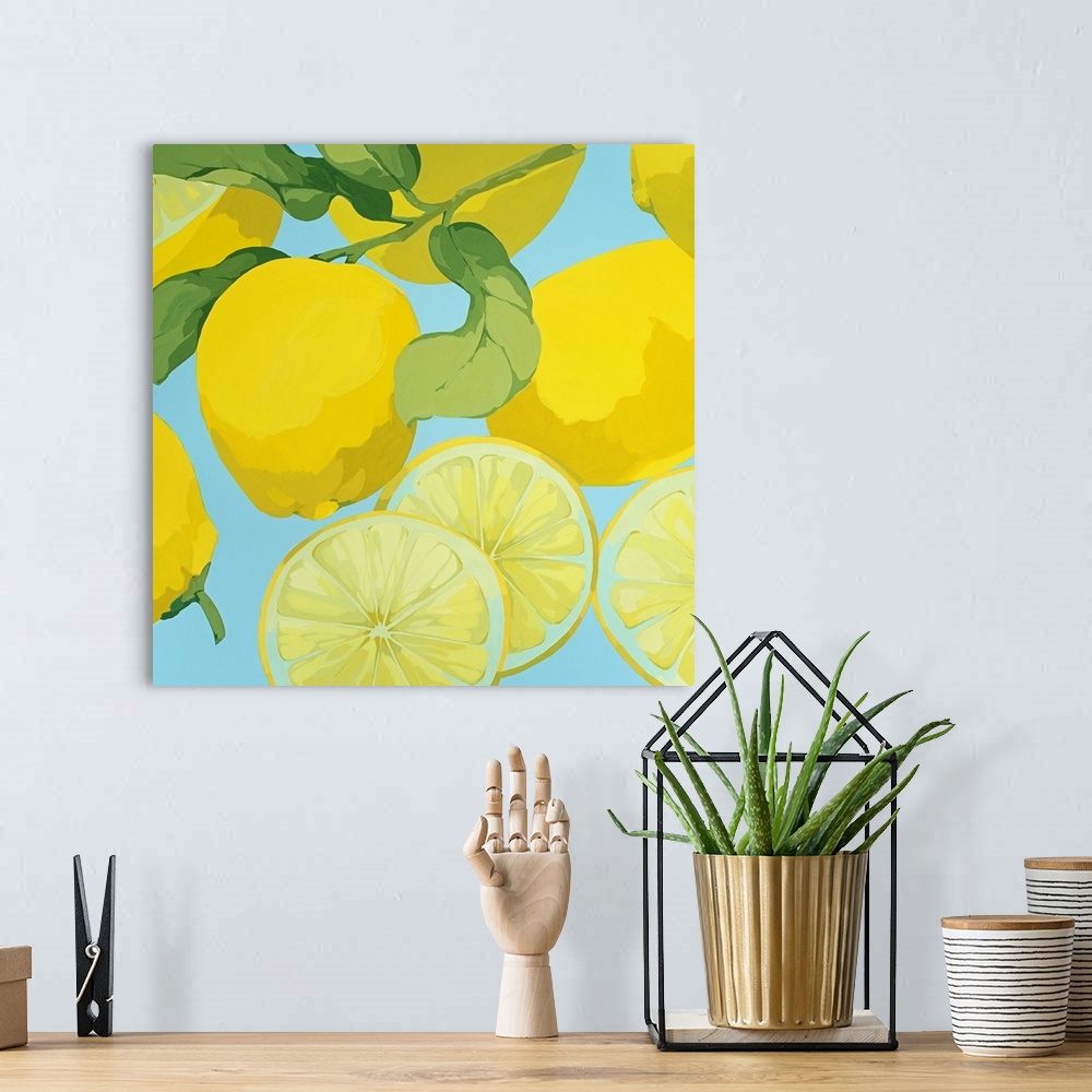 A bohemian room featuring Square canvas painting of lemons on a pastel background.