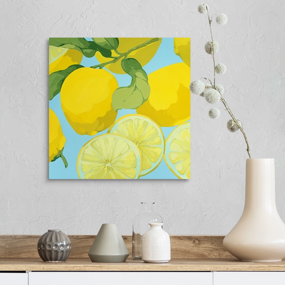 A farmhouse room featuring Square canvas painting of lemons on a pastel background.