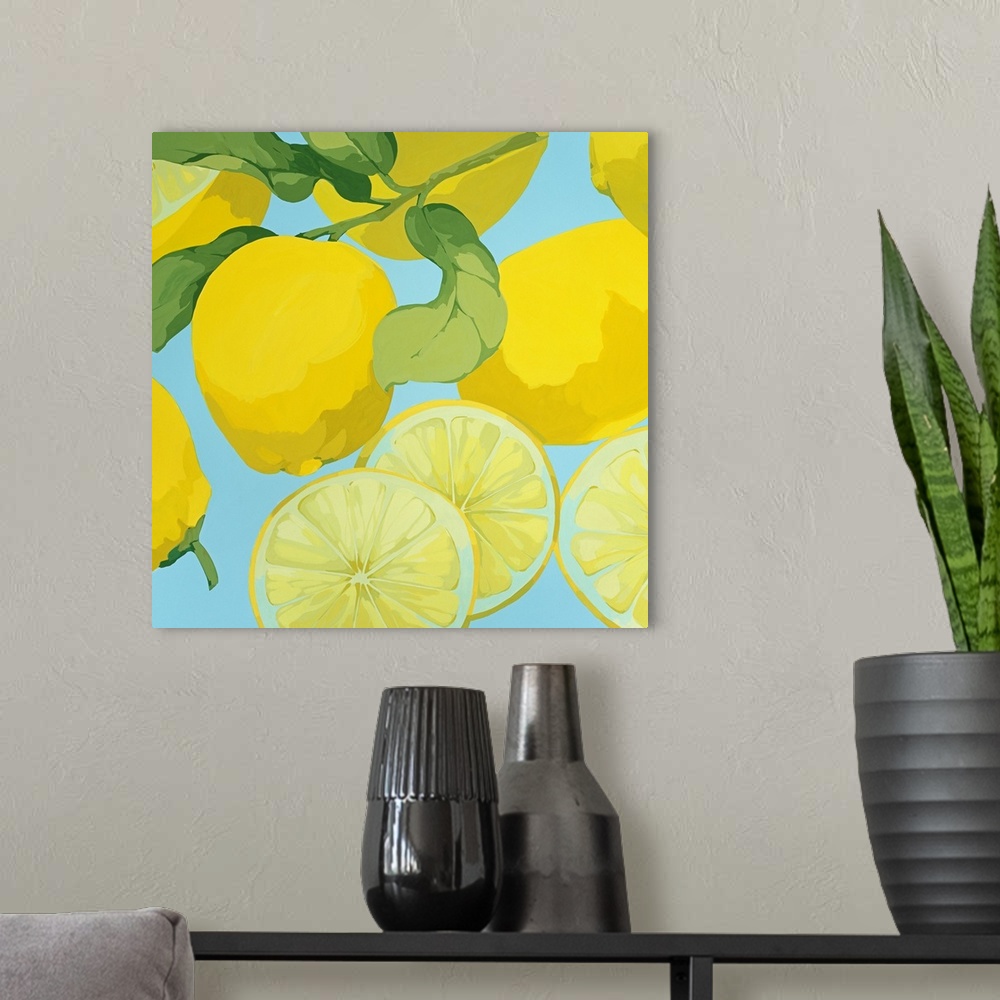 A modern room featuring Square canvas painting of lemons on a pastel background.