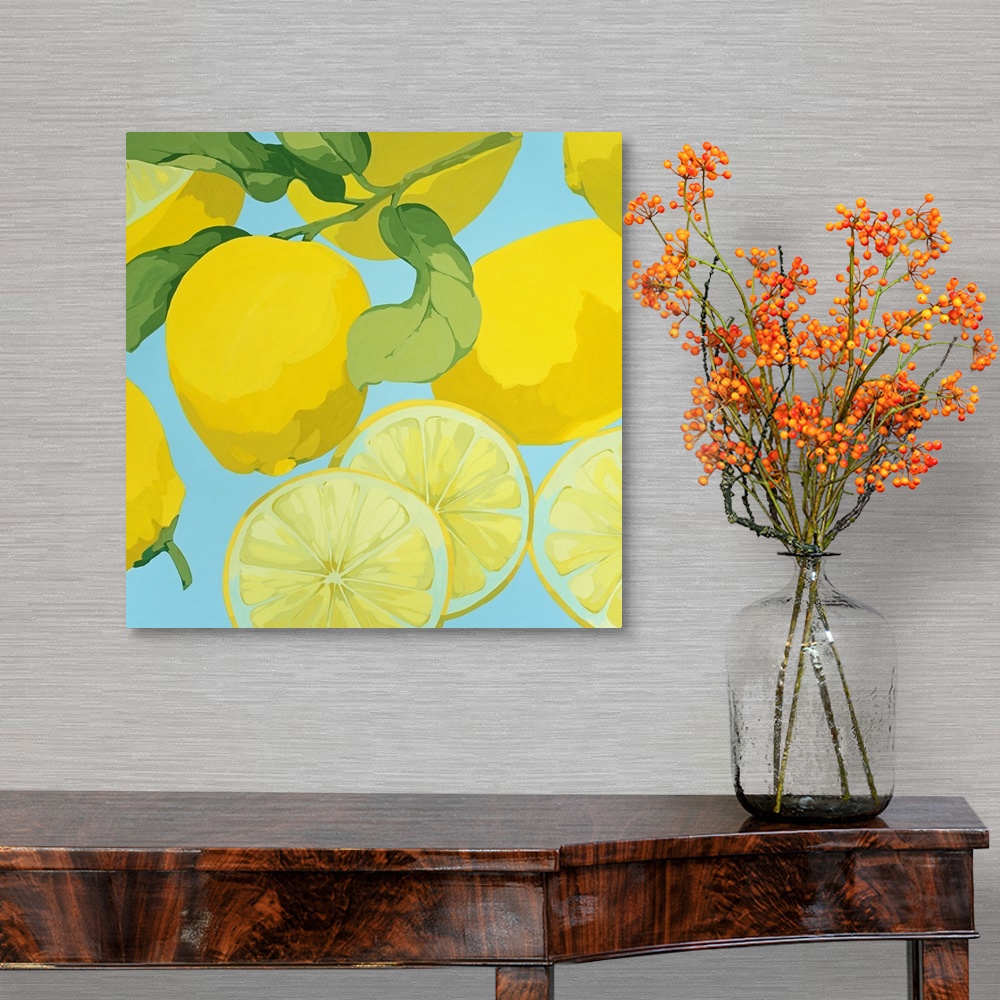 A traditional room featuring Square canvas painting of lemons on a pastel background.
