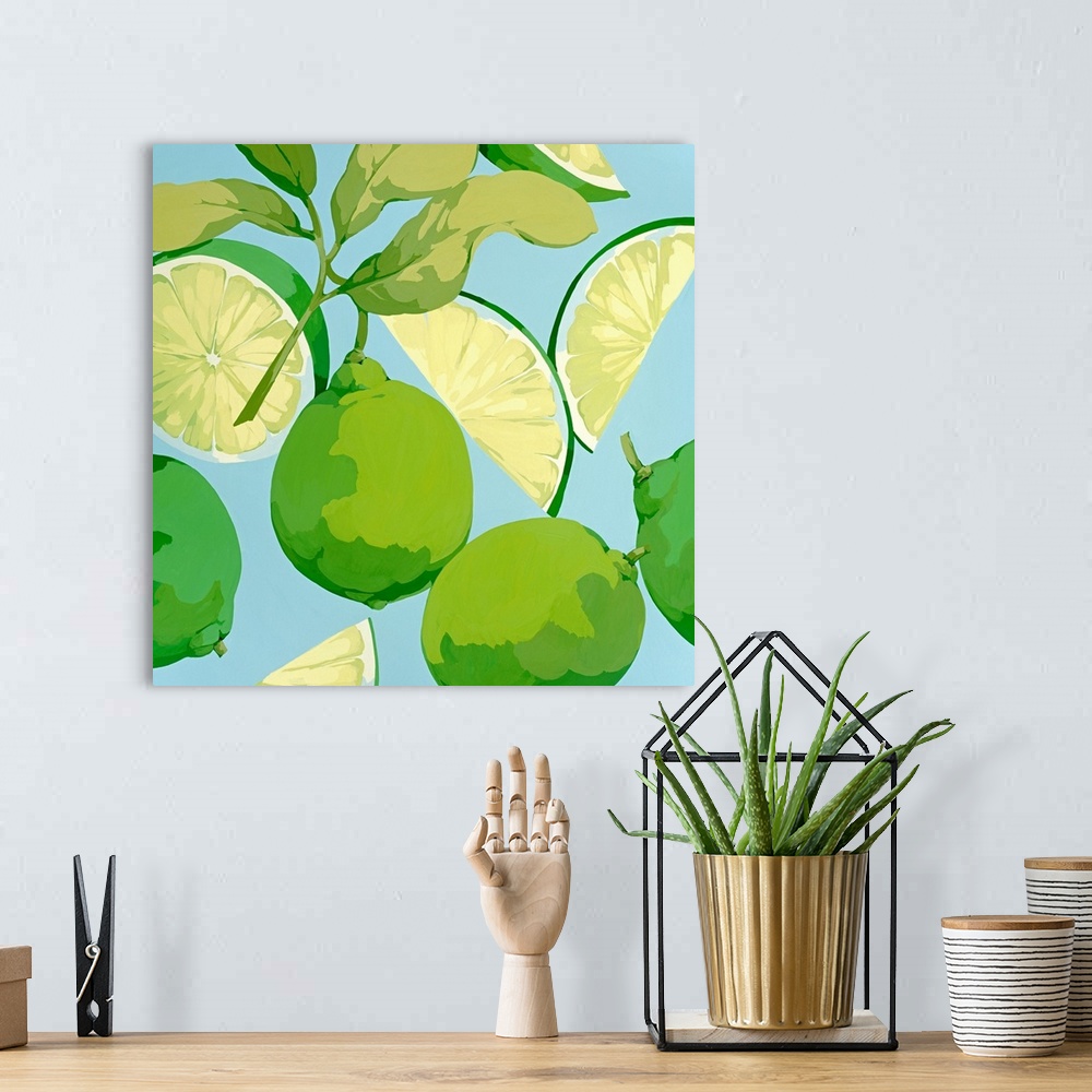 A bohemian room featuring Square, decorative wall art of citrus fruits whole, on the branch, and sliced arranged on a blank...