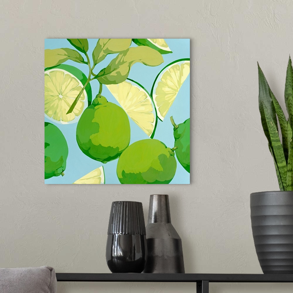 A modern room featuring Square, decorative wall art of citrus fruits whole, on the branch, and sliced arranged on a blank...