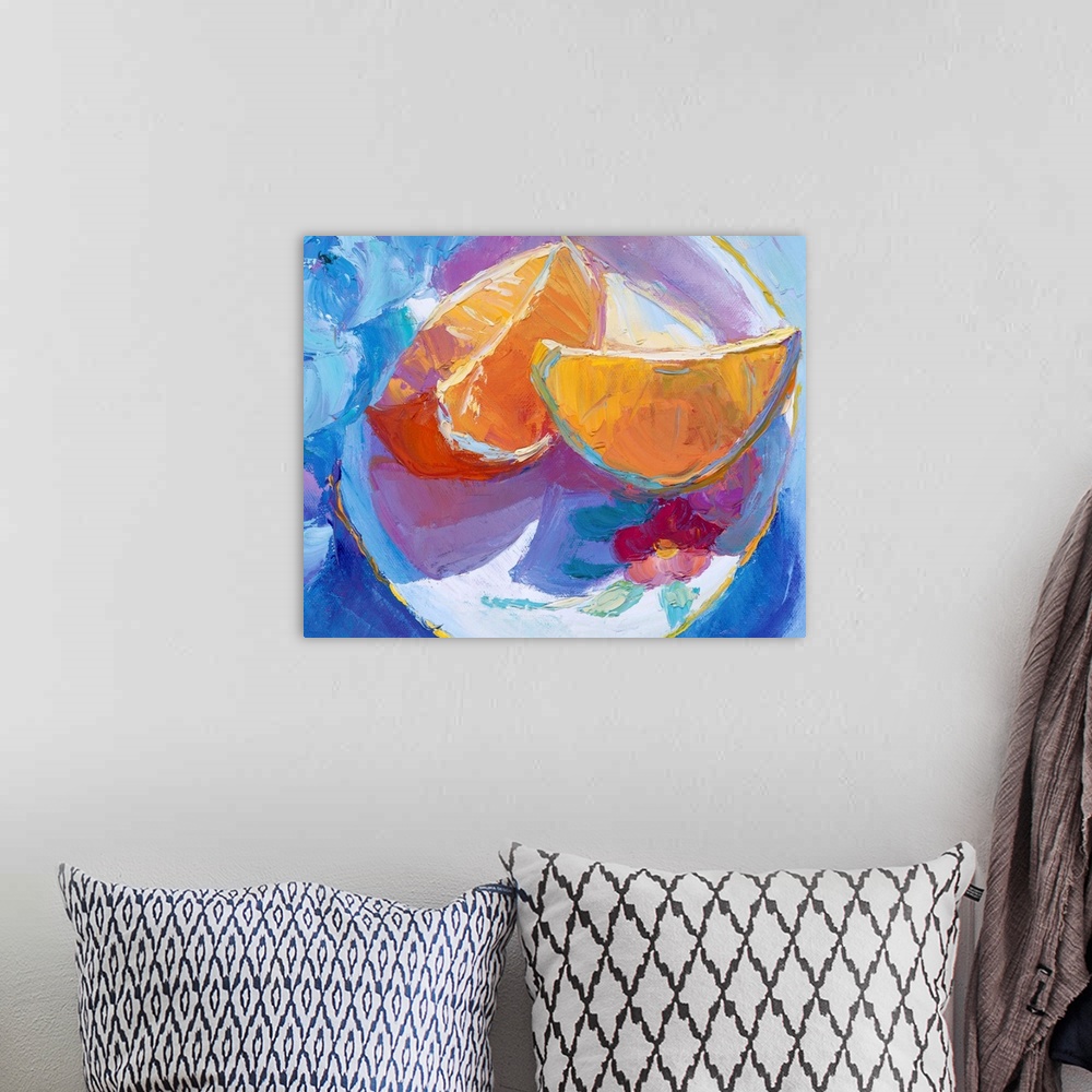A bohemian room featuring A contemporary painting of orange slices sitting on a plate.