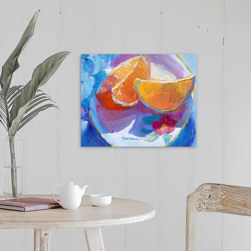 A farmhouse room featuring A contemporary painting of orange slices sitting on a plate.