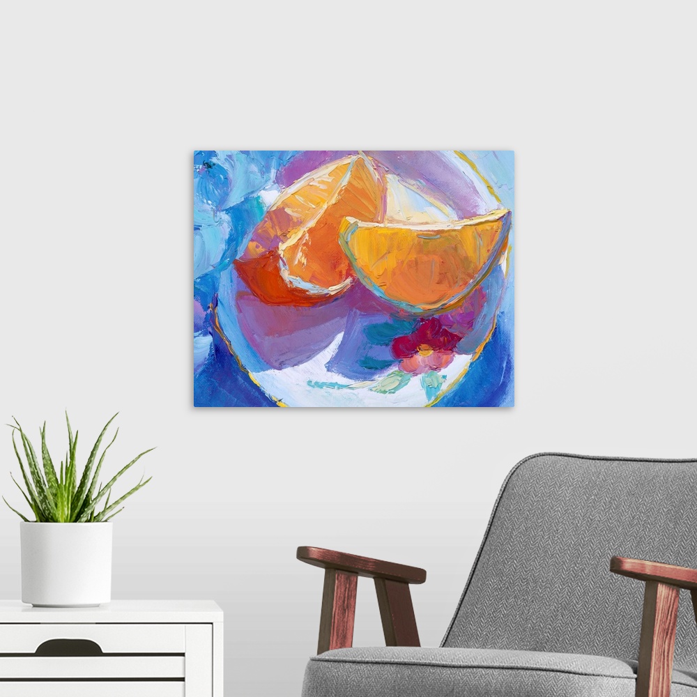 A modern room featuring A contemporary painting of orange slices sitting on a plate.