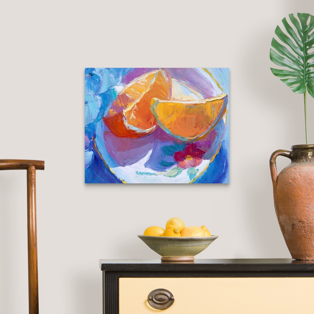 A traditional room featuring A contemporary painting of orange slices sitting on a plate.