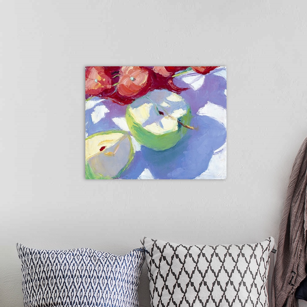 A bohemian room featuring A contemporary painting of apple  slices sitting on a plate.