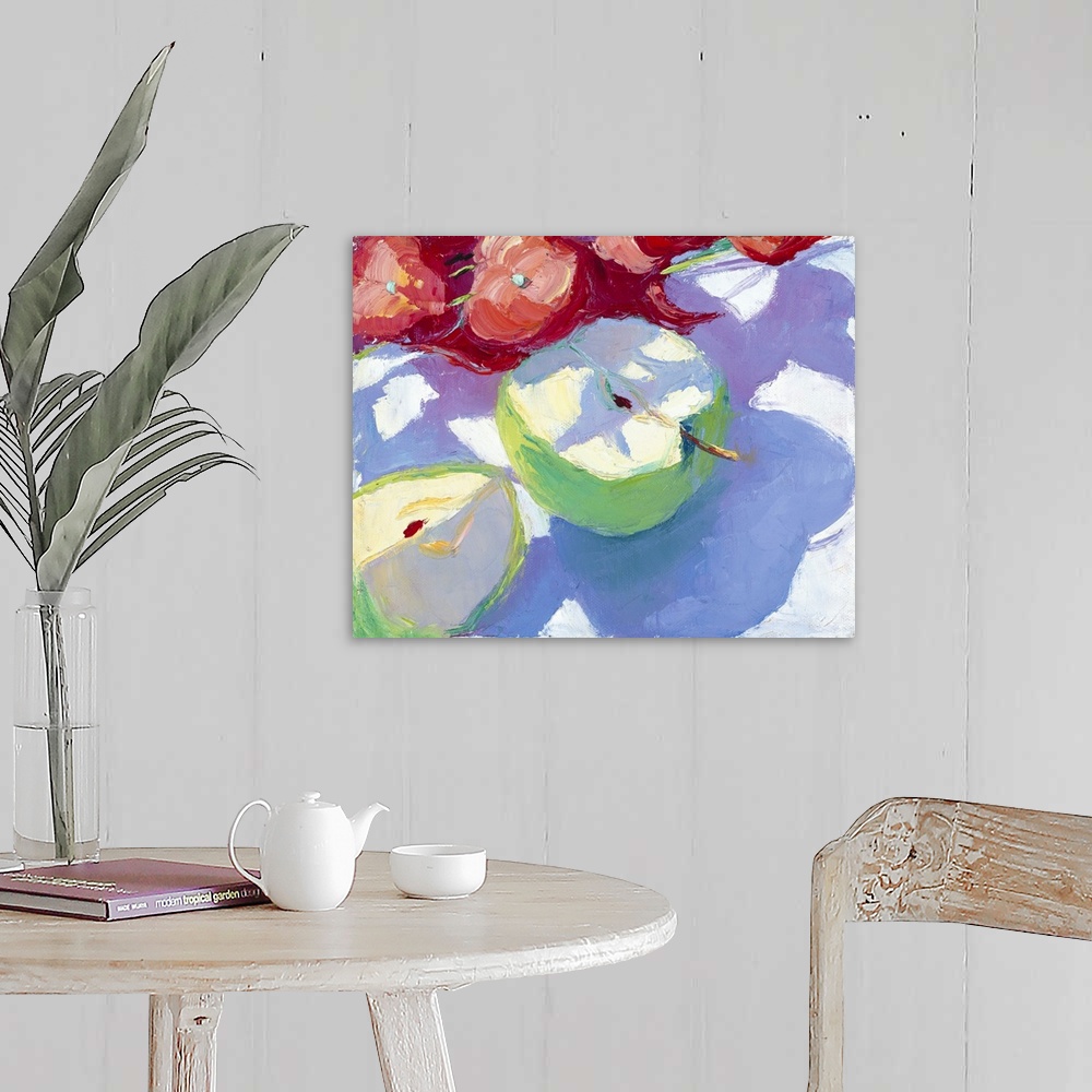 A farmhouse room featuring A contemporary painting of apple  slices sitting on a plate.