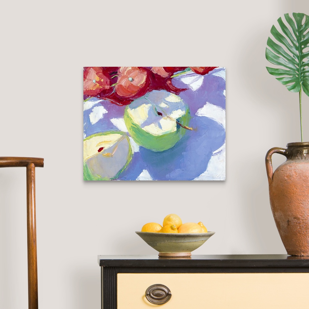 A traditional room featuring A contemporary painting of apple  slices sitting on a plate.