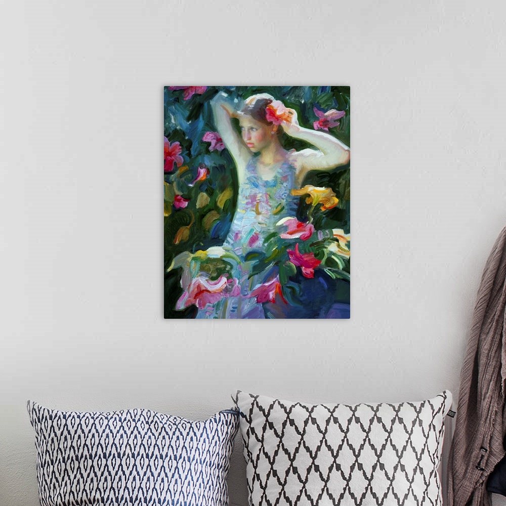 A bohemian room featuring A contemporary painting of a young girl standing by a flowering bush and putting a flower in her ...