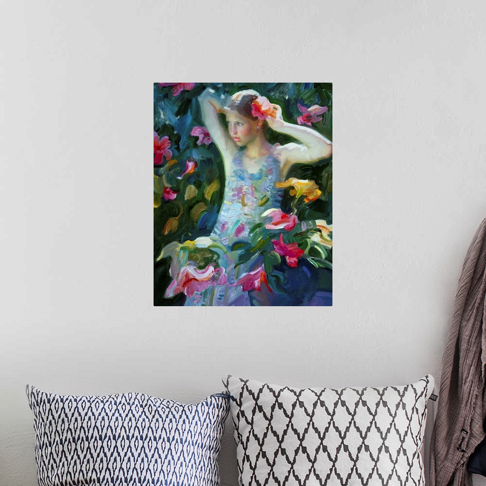 A bohemian room featuring A contemporary painting of a young girl standing by a flowering bush and putting a flower in her ...