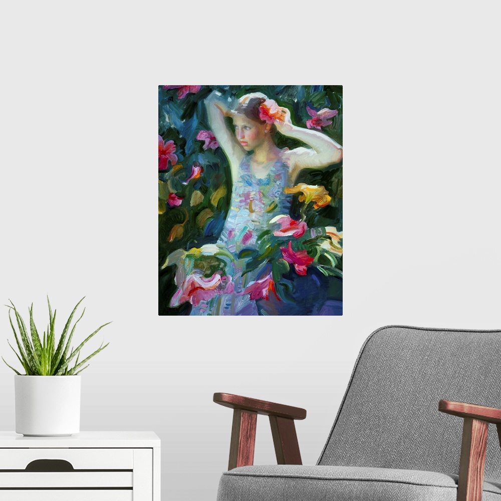 A modern room featuring A contemporary painting of a young girl standing by a flowering bush and putting a flower in her ...