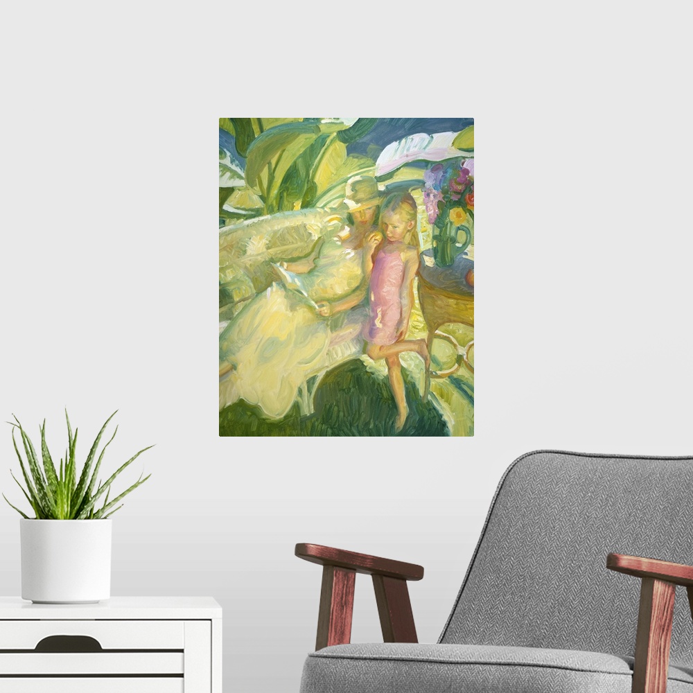 A modern room featuring A contemporary painting mother reading to her daughter outdoors in a garden.