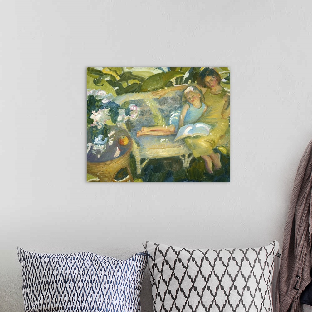 A bohemian room featuring A contemporary painting of a mother and daughter sitting together and reading in a garden.