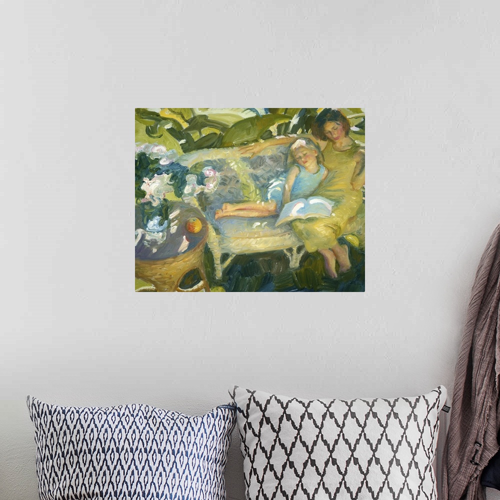 A bohemian room featuring A contemporary painting of a mother and daughter sitting together and reading in a garden.