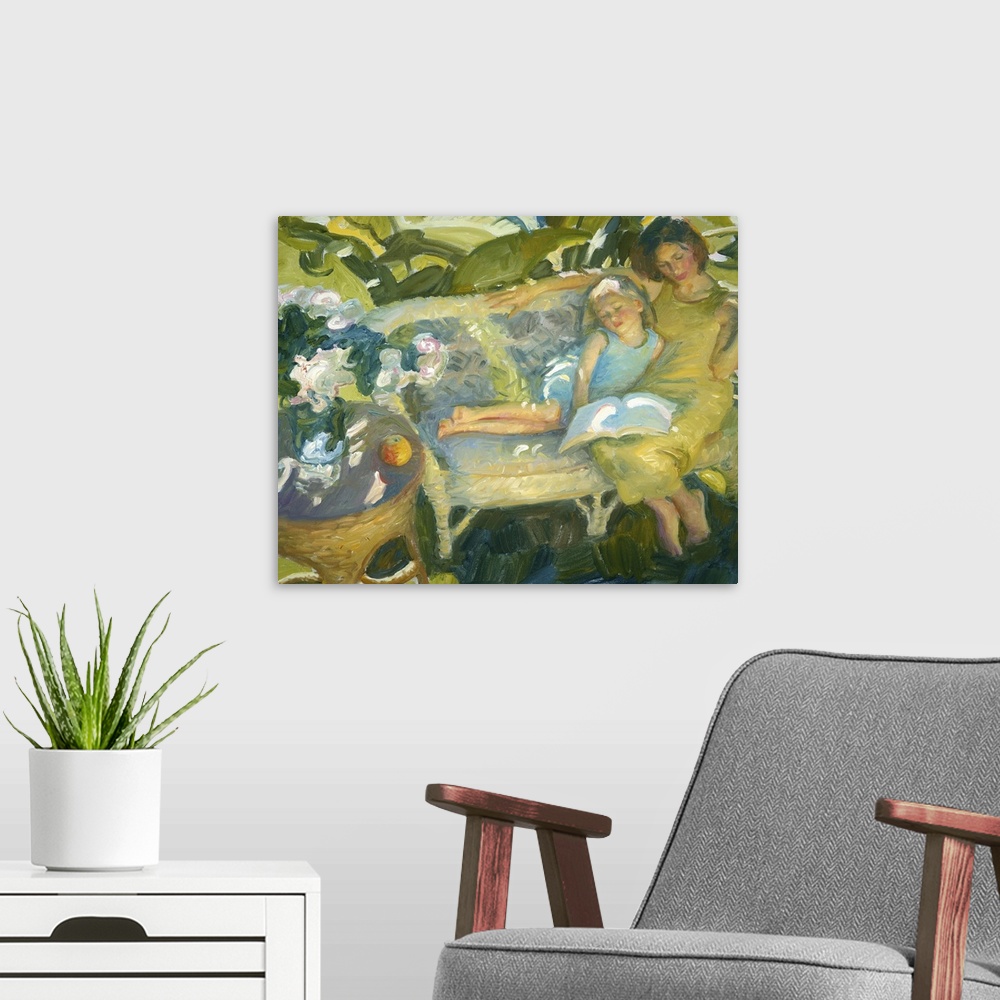 A modern room featuring A contemporary painting of a mother and daughter sitting together and reading in a garden.