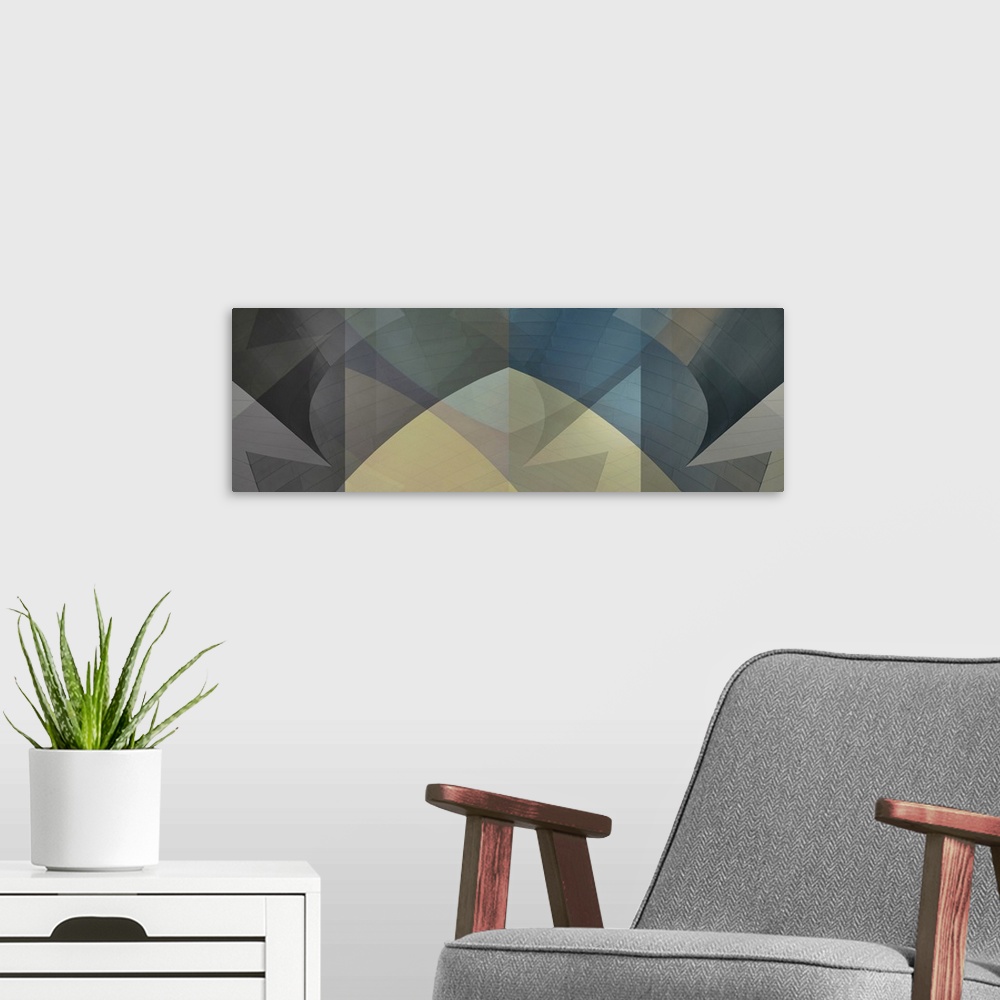A modern room featuring Panoramic abstract art with symmetrical geometric shapes, angles, and patterns.