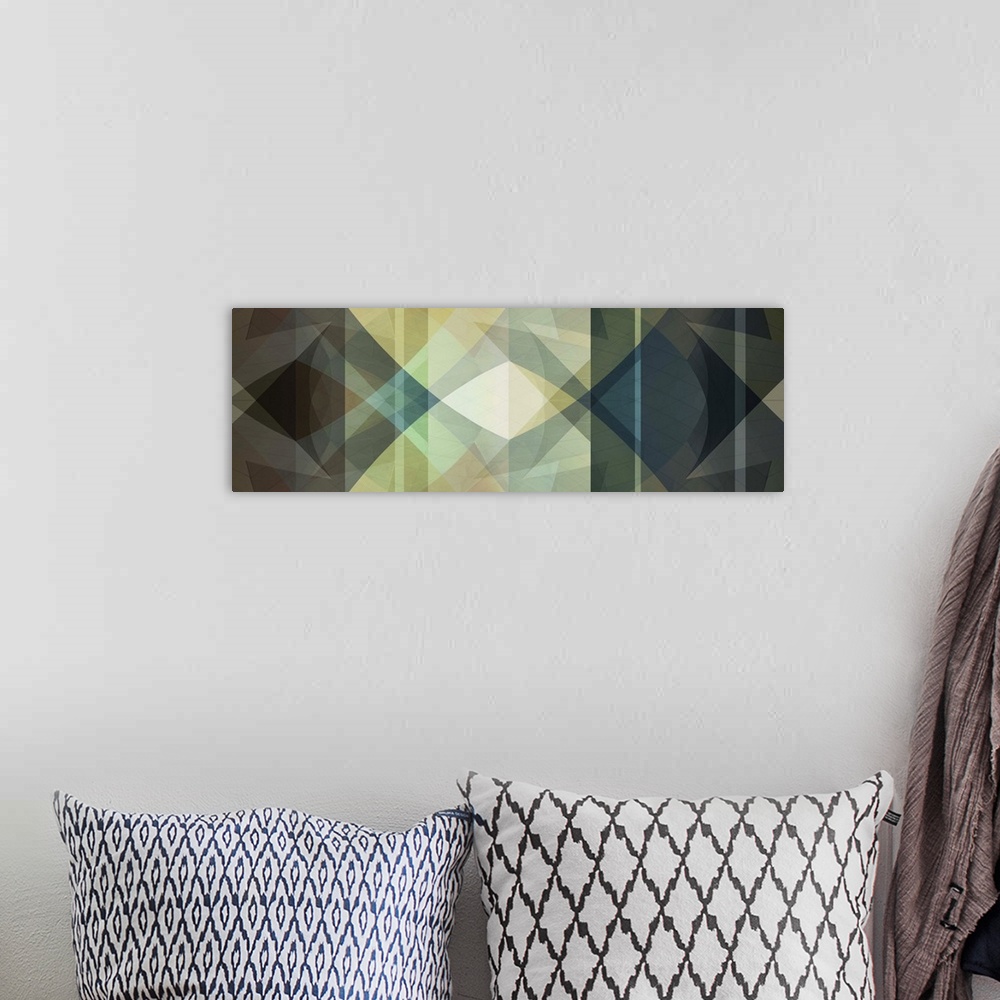 A bohemian room featuring Panoramic abstract art with symmetrical geometric shapes, angles, and patterns.