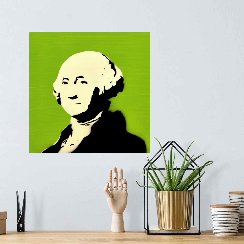 A bohemian room featuring Square spray art of George Washington on a bright green background.