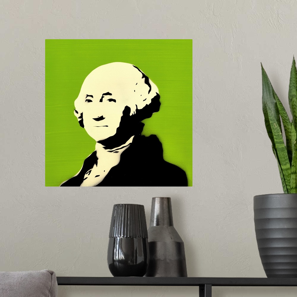 A modern room featuring Square spray art of George Washington on a bright green background.
