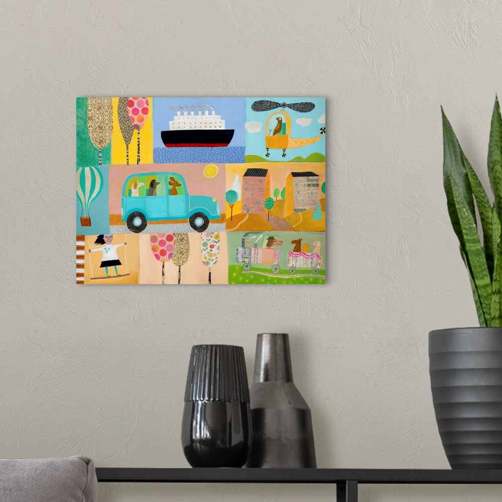 A modern room featuring Whimsical collage art perfect for a child's room or nursery.