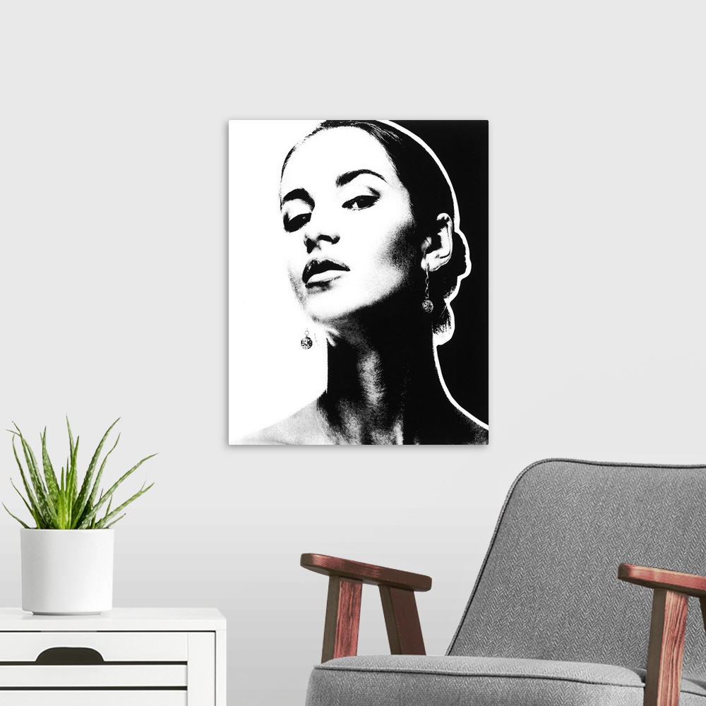 A modern room featuring Black and white pointillism illustration of a woman.