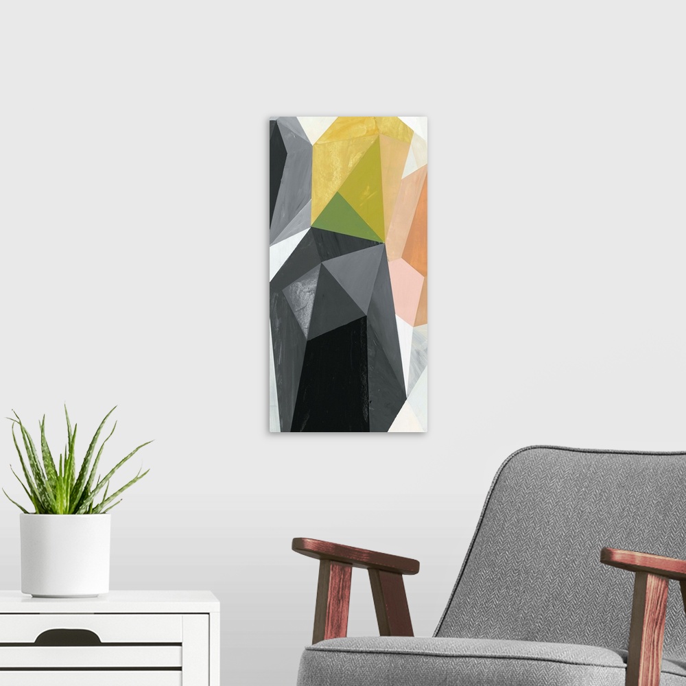 A modern room featuring A contemporary abstract painting of geometric crystal-like shapes.