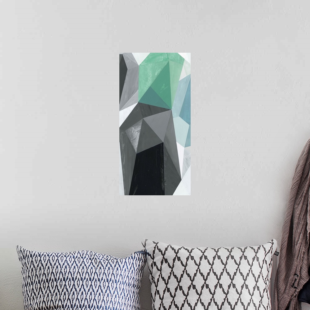 A bohemian room featuring A contemporary abstract painting of geometric crystal-like shapes.