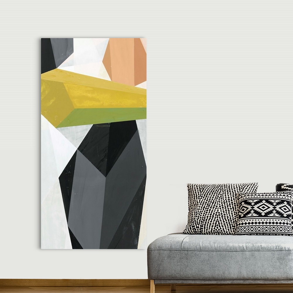 A bohemian room featuring A contemporary abstract painting of geometric crystal-like shapes.