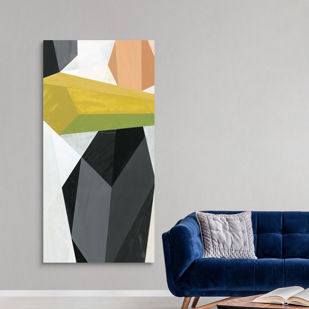 A modern room featuring A contemporary abstract painting of geometric crystal-like shapes.