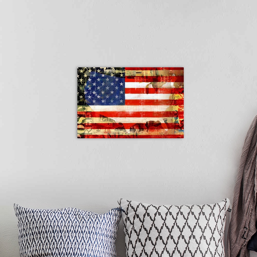 A bohemian room featuring Large canvas print of the Statue of Liberty and other American images overlaid with a silhouette ...