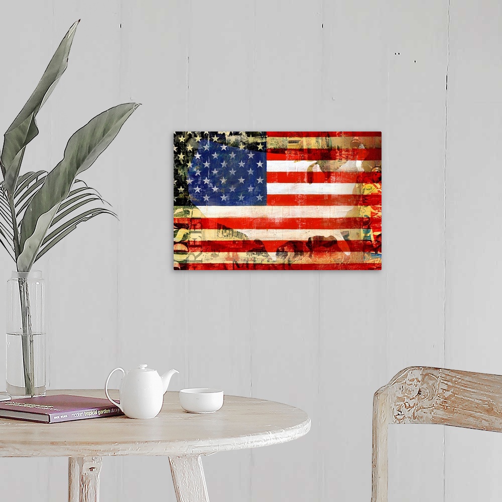 A farmhouse room featuring Large canvas print of the Statue of Liberty and other American images overlaid with a silhouette ...