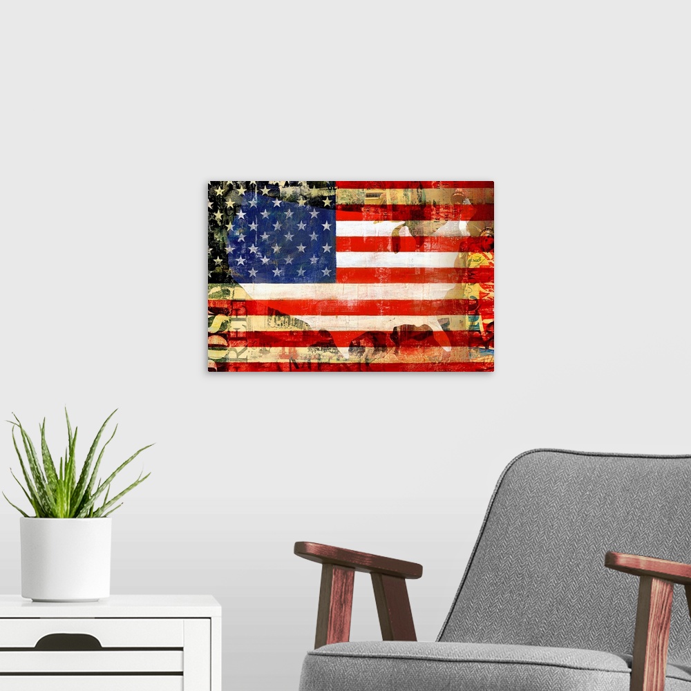 A modern room featuring Large canvas print of the Statue of Liberty and other American images overlaid with a silhouette ...