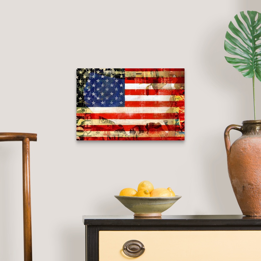 A traditional room featuring Large canvas print of the Statue of Liberty and other American images overlaid with a silhouette ...