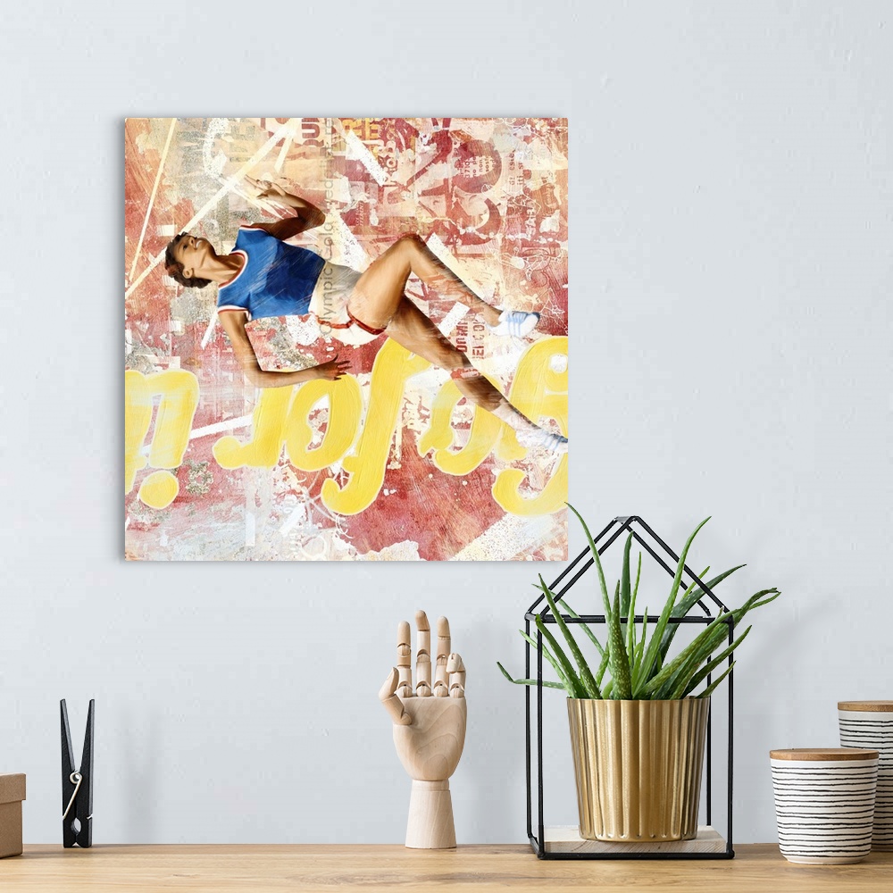 A bohemian room featuring Mixed media art- track and field
