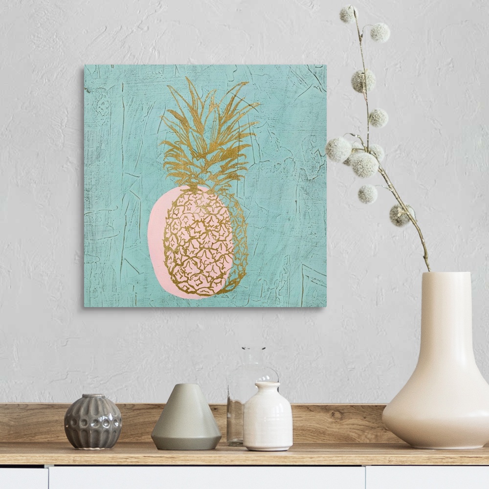 A farmhouse room featuring Square painting of a metallic gold pineapple with a pink shadow on a textured teal background.